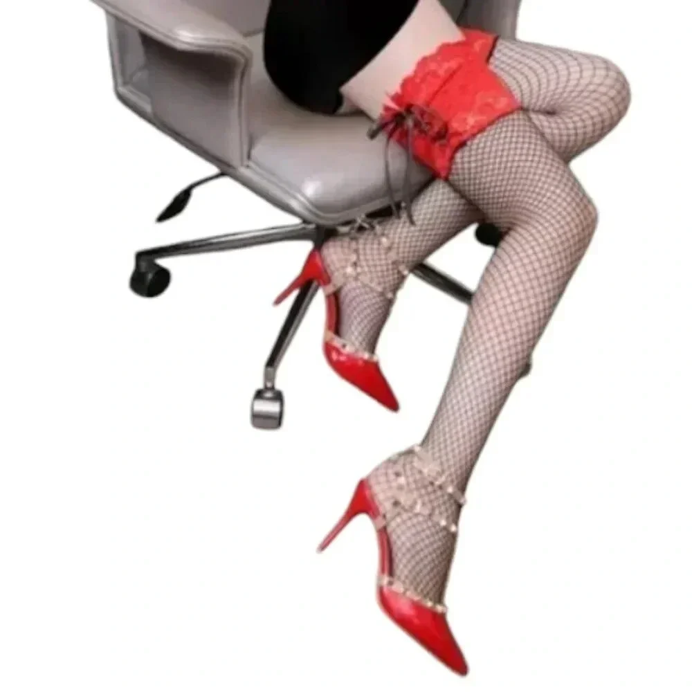 Plus Size Red Wide Lace Up Thigh High Stocking